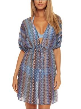 BECCA Blue Multicolor Sheer Zigzag Swim Coverup with Tie Waist